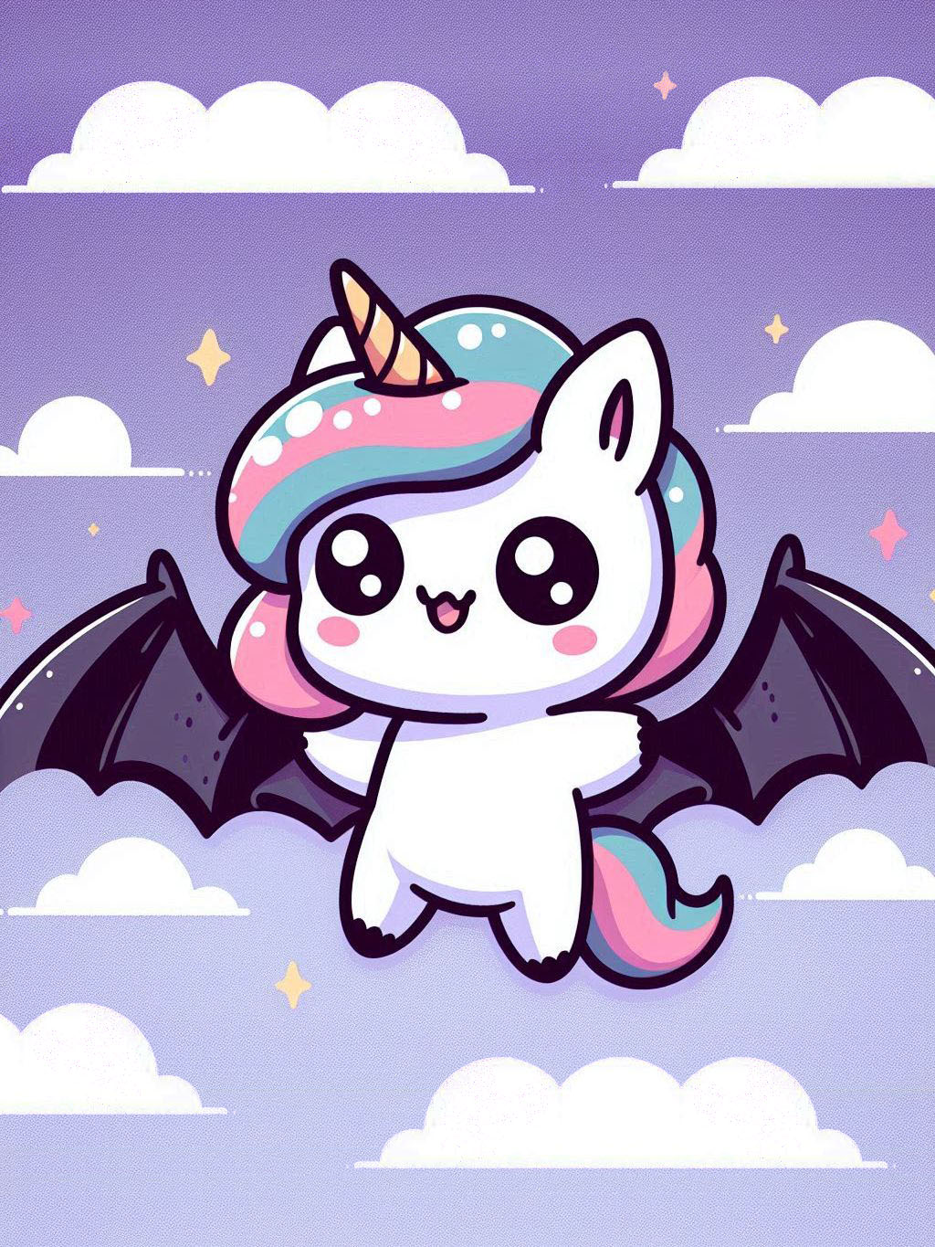 Halloween unicorn illustration ideas featuring a cute unicorn with pastel mane and bat wings set against a cloudy sky.